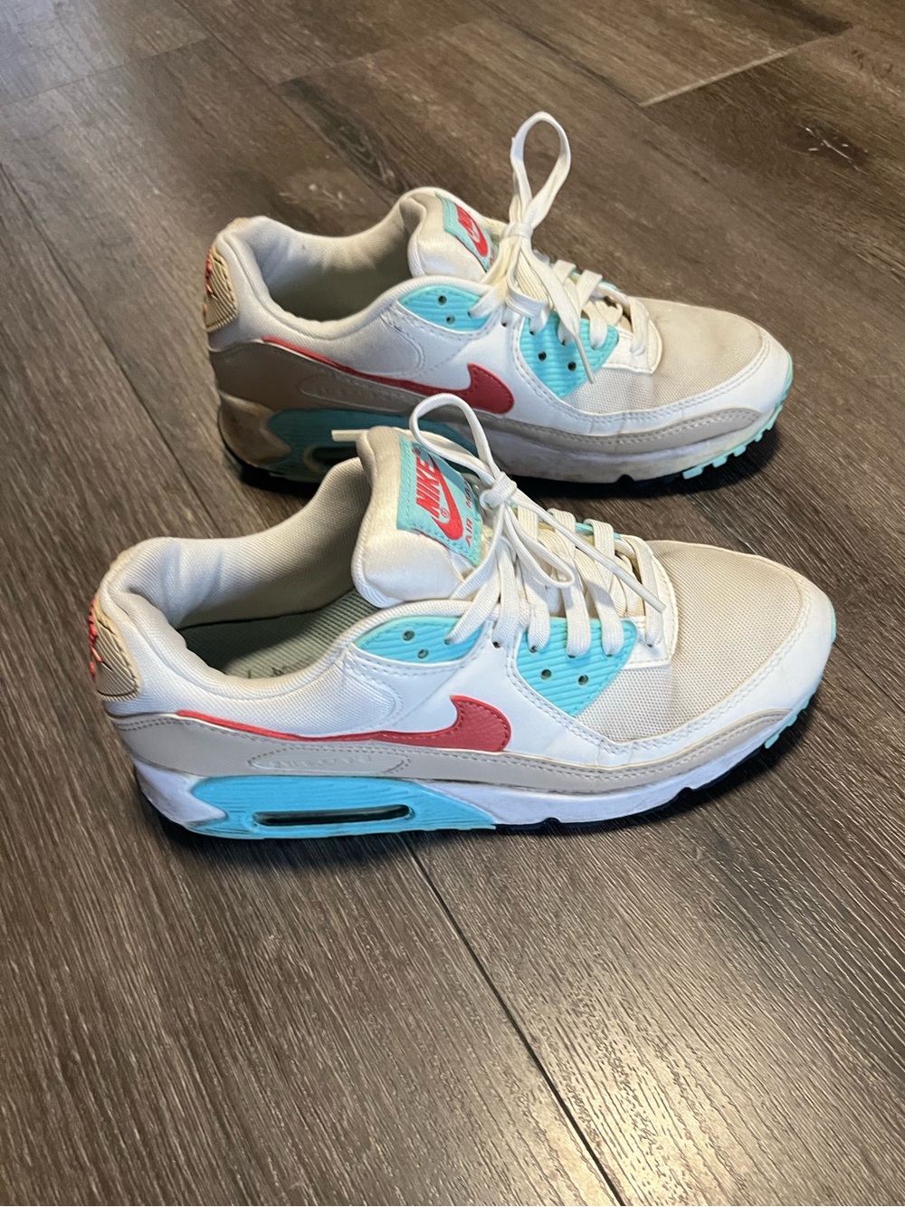 Nike White Sneakers with Coral Swoosh and Aqua Accents
